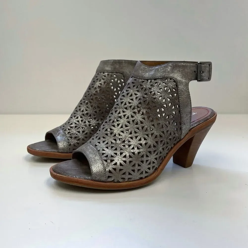 TRASK Parker Perforated Slingback Laser-Cut Sandals Pewter Metallic Heels 7.5M